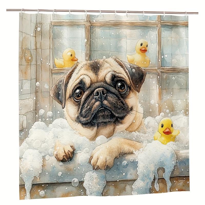 "Cute Pug Dog in Bathtub Shower Curtain - Rubber Ducks, Bubble Foam & Whimsical Pet Art for Fun Bathroom Decor"