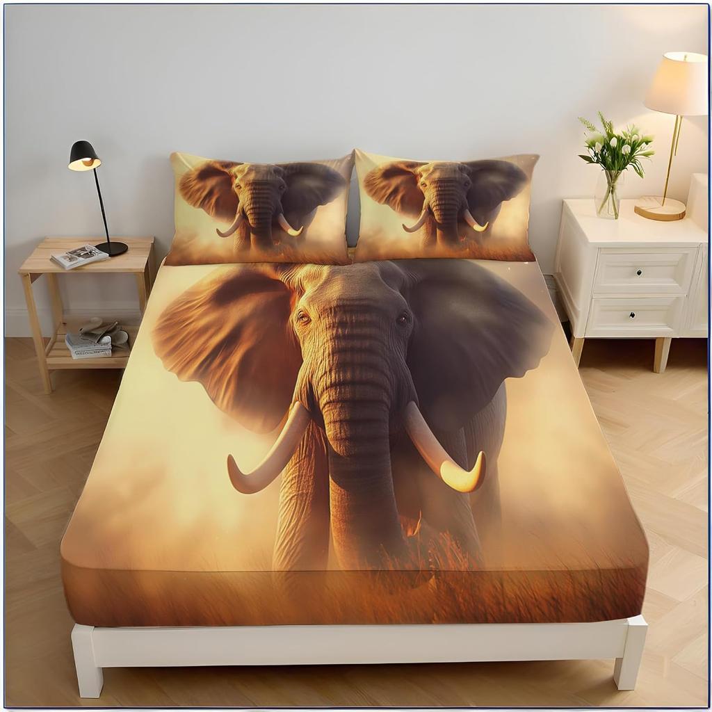 Elephants Fitted Sheet, African Landscape Bedding Set, Bed Sheets Room Decor For Teens Boys Girls,3 Piece Bedding Decor Set