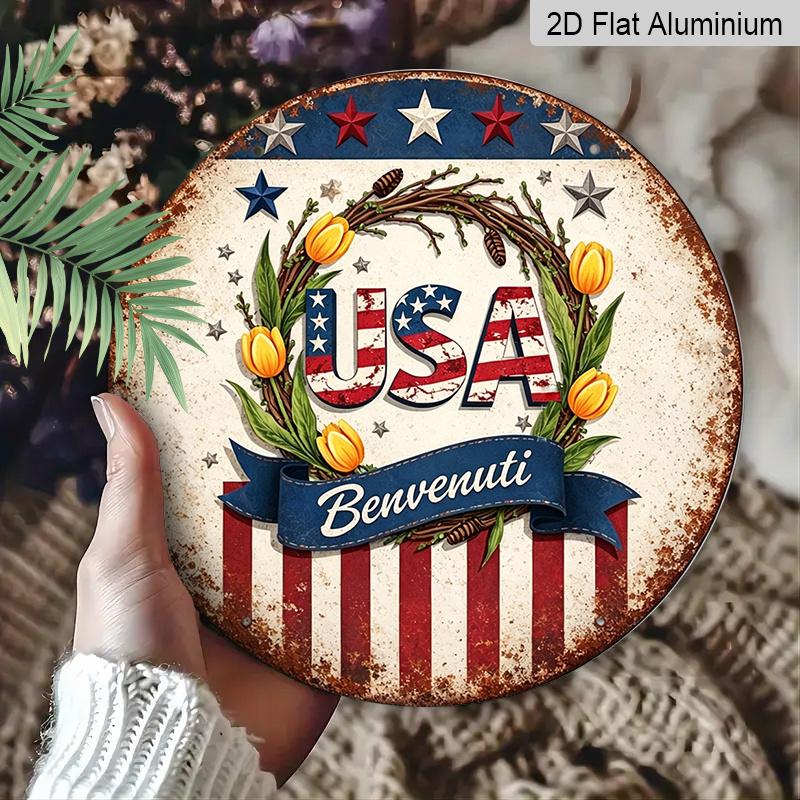 2D Flat - 1pc Aluminum Round Decor, Vintage American Flag & Tulip Wreath Design, Decorative Sign, "USA Benvenuti" Patriotic Metal Wall Art