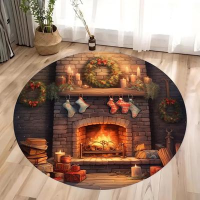 Christmas Living Room Decoration Christmas · Retro Fireplace Round Carpet Bedroom Carpet Home Floor Mat Washable Leisure Carpet