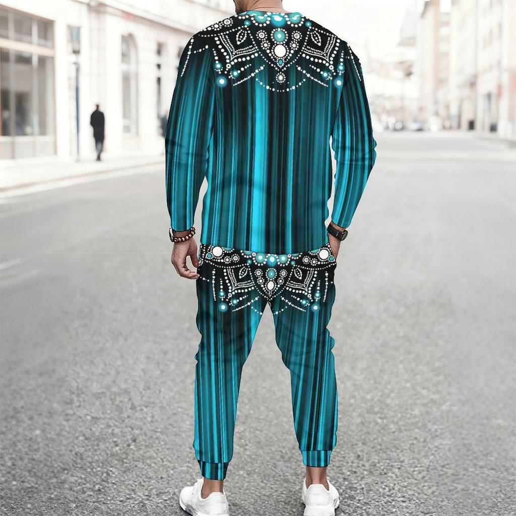 Men Blue Galaxy Starry Light Trail Print Long Sleeve Sweatshirt Jogger Pants Two Piece Suit