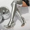 Mode Übergröße Metallfarbe Mikrofaser Material Ultrahohe Stiefellänge Spitze Zehenpartie Ultra Metall Dünner Absatz Sexy Overknee-Stiefel