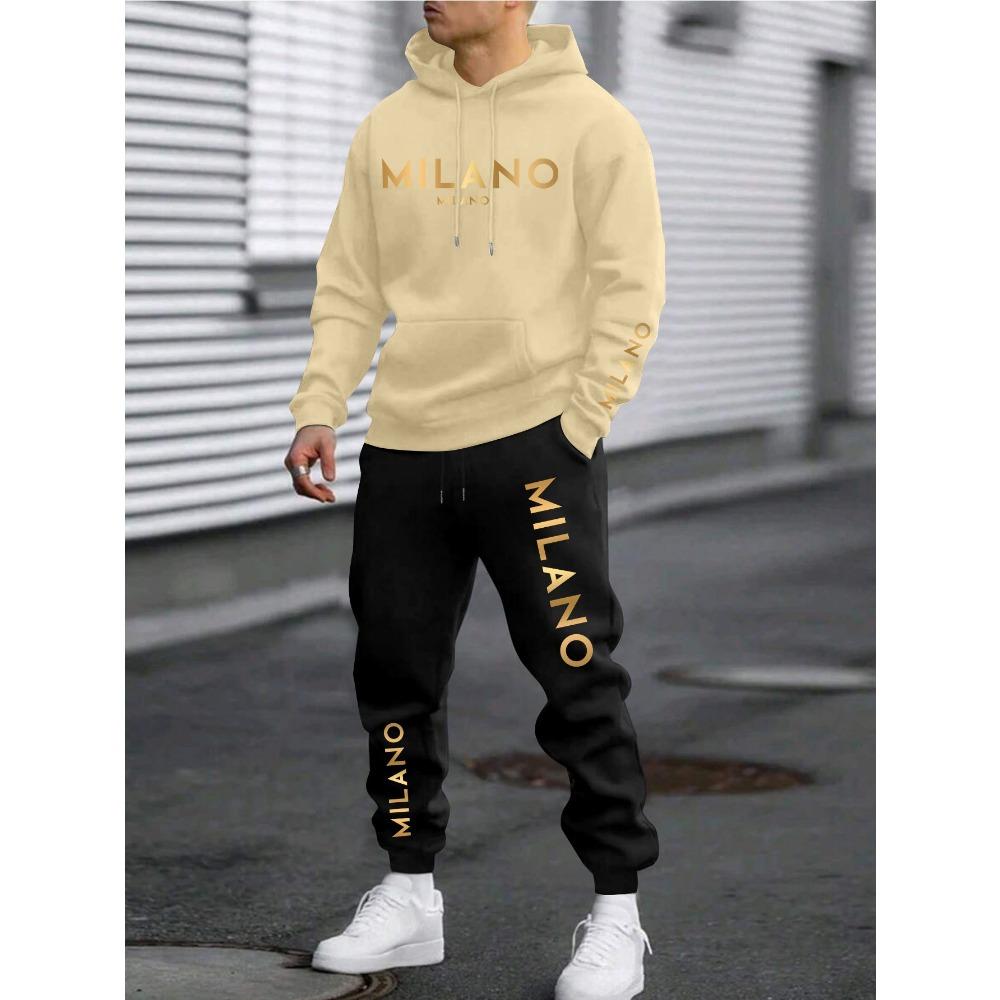 Men's Vacation Style Printed Sportswear and Pants Set, Casual Sportswear Drawstring Pants Set, Autumn and Winter Men's Outdoor 2 Piece Set