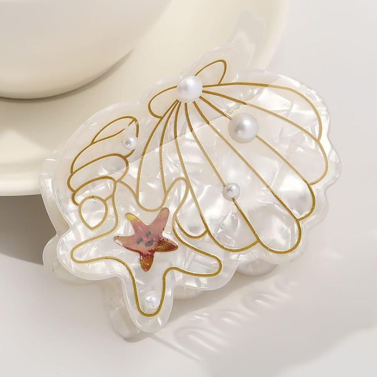 

1 шт. заколка для волос с морской жизнью, милая заколка среднего размера из акрила с жемчужиной и ракушкой-морской звездой, сладкая персонализированная креативная заколка-акула белый