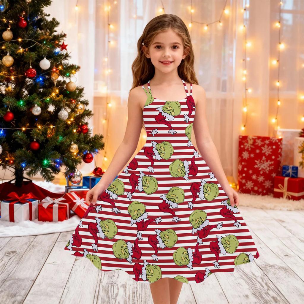 Children's Fashion Casual Christmas Print Off-Shoulder Punk Vintage Dress
