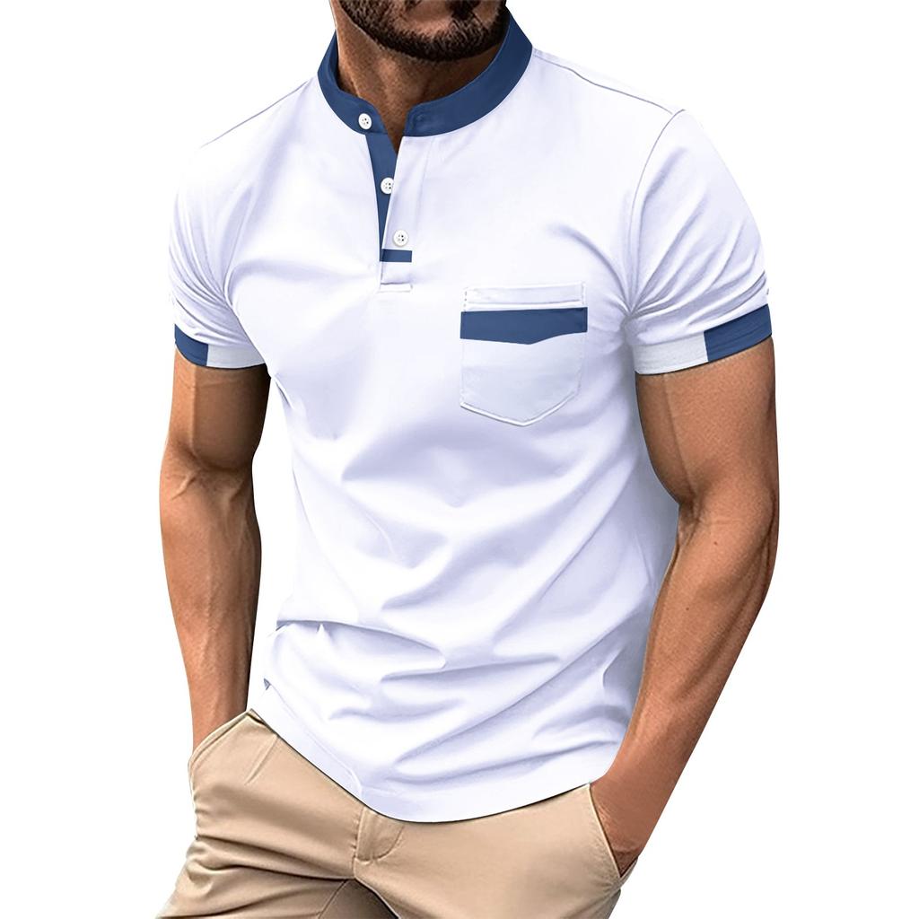 Men's Summer Shirt Color Patchwork 3 Button Sports Shirt Top