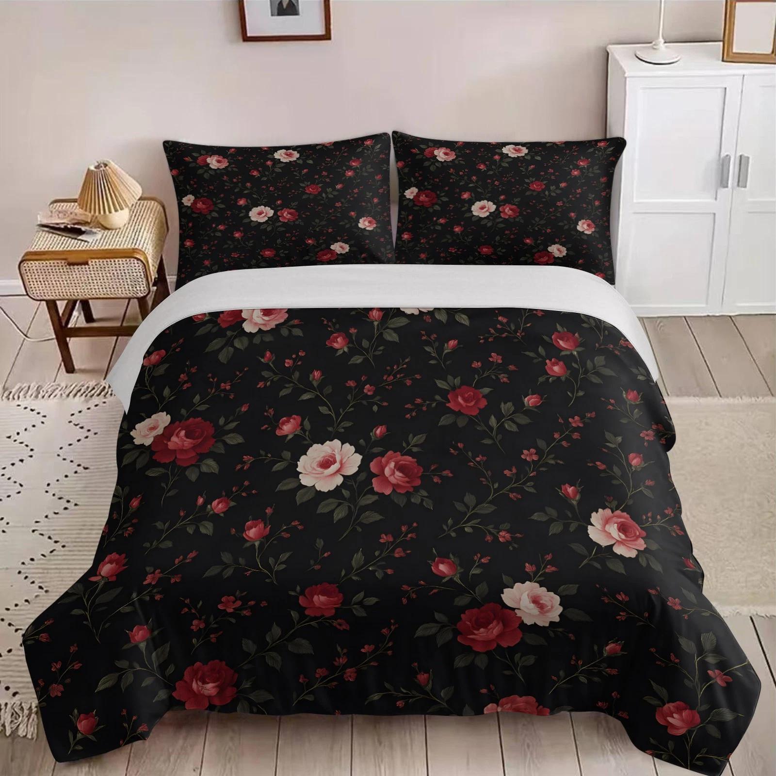 

Black Red Rose Floral Bedding Set Full Size Romantic Pattern Duvet Cover and Pillowcase 2/3pc Queen Double Bedroom Home Decoration Gift Baby 100x135cm