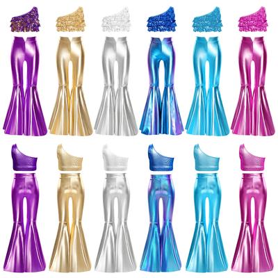 Sleeveless One Shoulder Sequins Top & Bell-Bottom Pants Set for Girls: Tiered Ruffles Design with Metallic Split Hem
