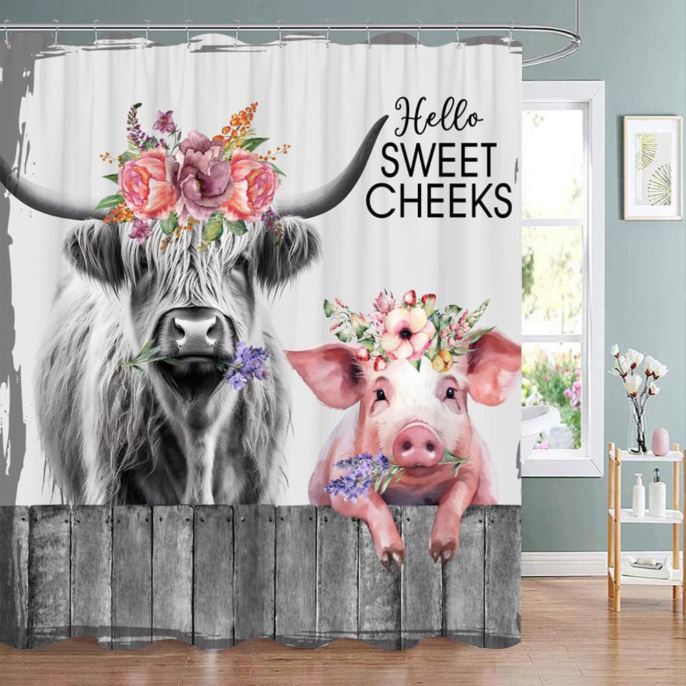 Funny Animal Shower Curtain Cute Cat in Flower with Butterfly Fluttering Polyester Fabric Washable Shower Curtain Bathroom Decor