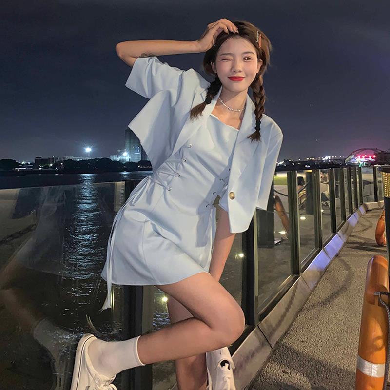 Klänningsset Kvinnor Solid Mode Bandage Fritid Streetwear All-match Summer Crop Blazer Korean Style Sweet 2-delad Outfits Kvinna