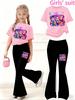 K-Pop Girl Group Pattern 2-Piece Set for Girls, Casual Sports Short-Sleeve Top and Bell-Bottom Pants Set