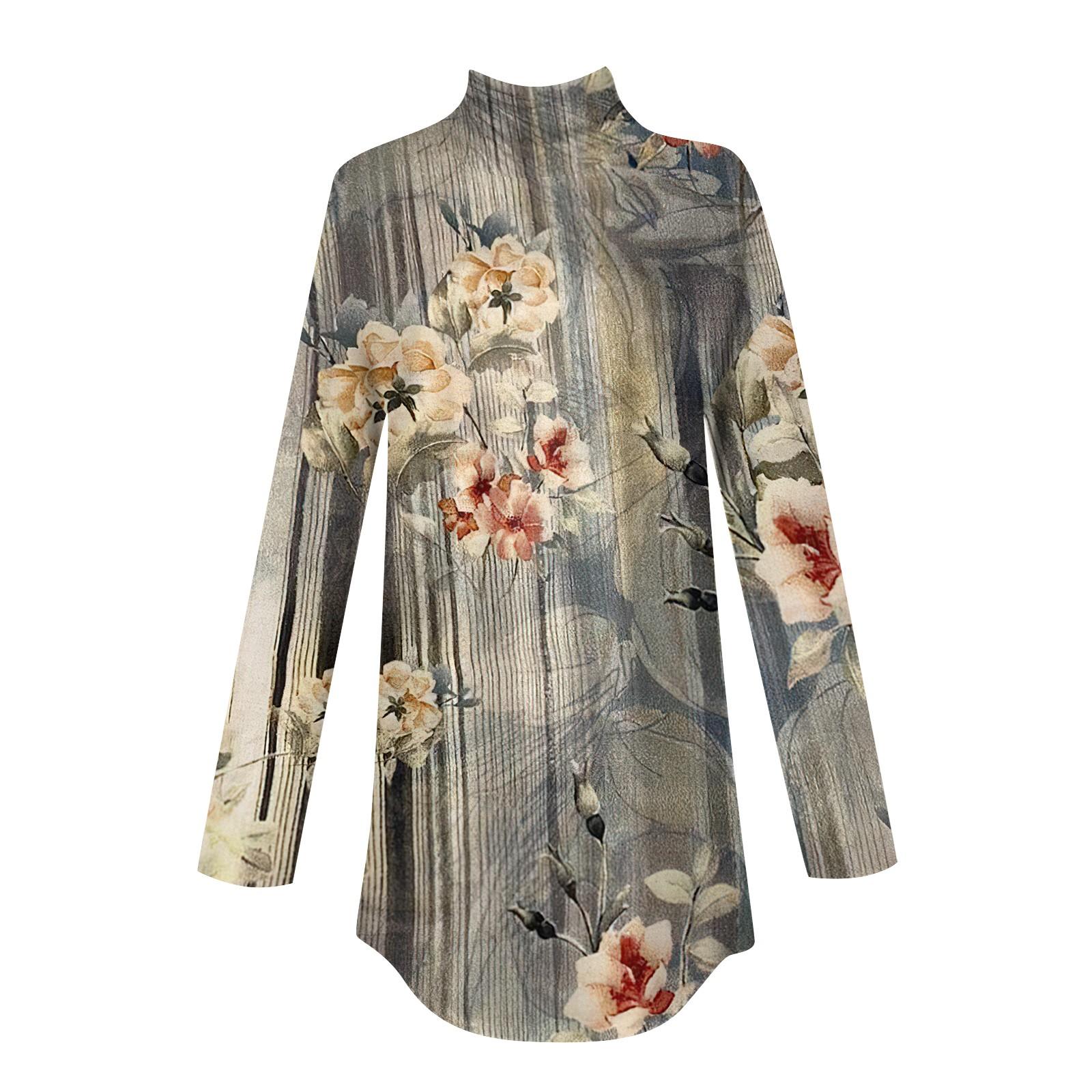 Женская модная повседневная футболка с длинным рукавом с высоким воротом и принтом — фото 4