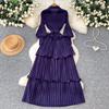 Korean Version of Lantern Sleeve Dress Women's Waist Strap Ruffle Edge Pleated Cake Skirt Slim Dress