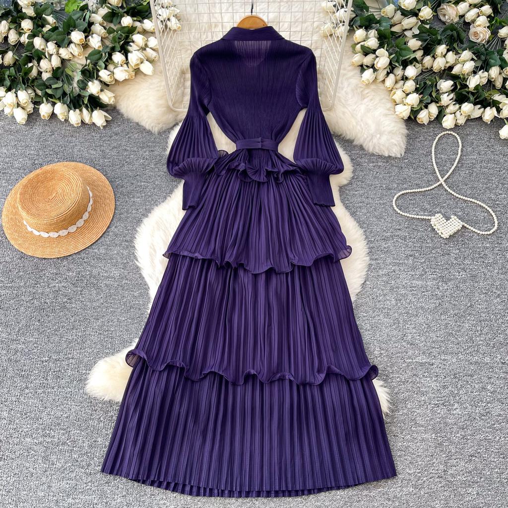 Korean Version of Lantern Sleeve Dress Women's Waist Strap Ruffle Edge Pleated Cake Skirt Slim Dress