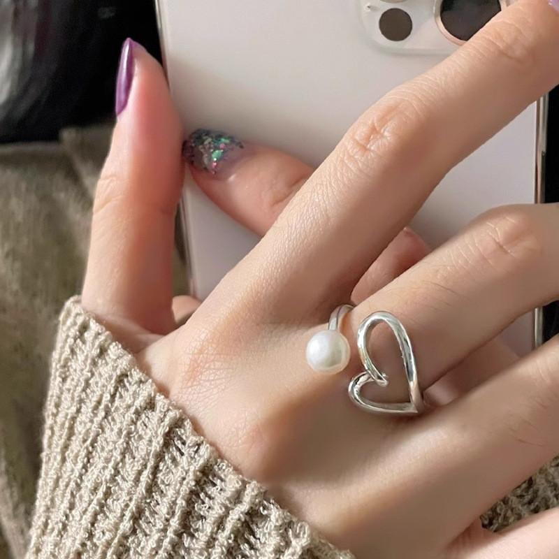 Elegant Geometric Heart Pearl Ring For Women Stylish Adjustable Open Finger Design