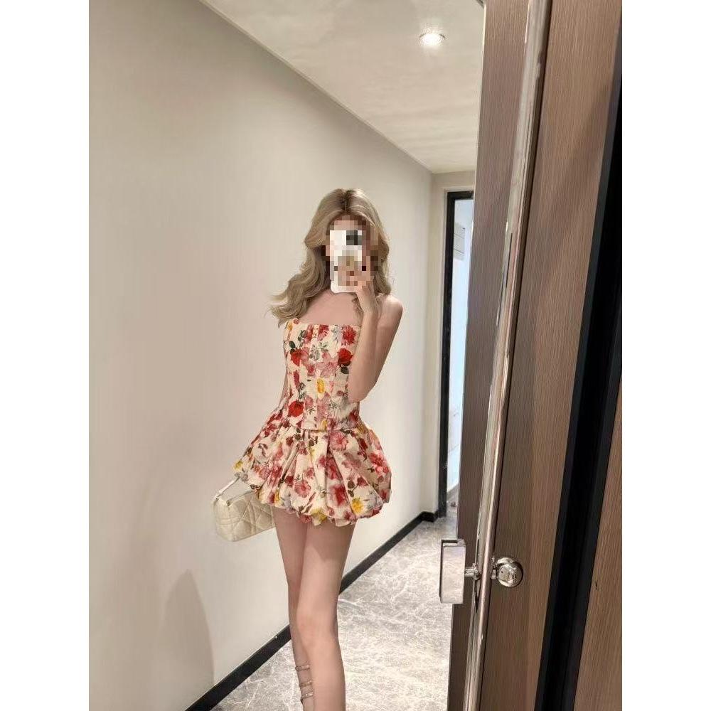 French Floral Strapless Top & Puffy Skirt Two-Piece Set