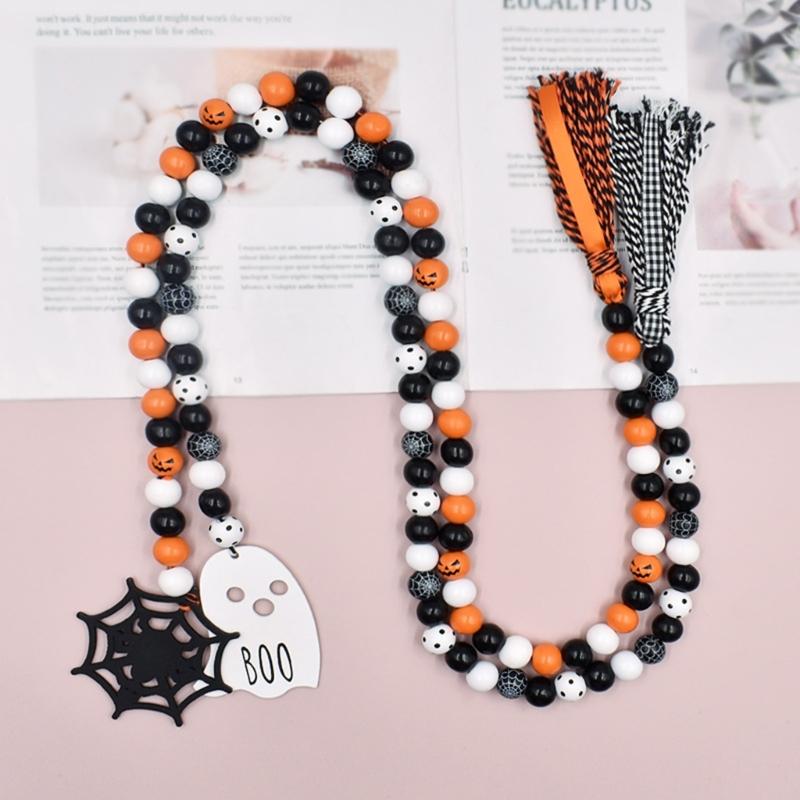 Halloween Cotton Rope Tassel Beaded Wall Hanging Door Hanger with Vibrant Wooden Beads and Fringe