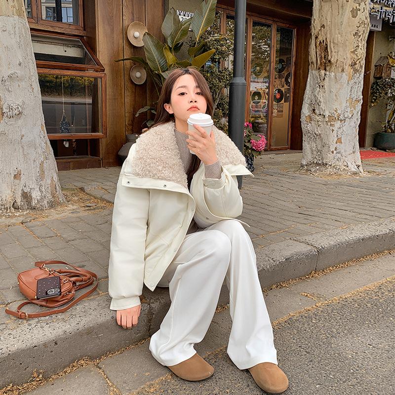 New All-match Imitation Sheepskin Cotton Jacket for Women, Short Lamb Wool Down Cotton Jacket, Winter Fur Collar Cotton Jacket