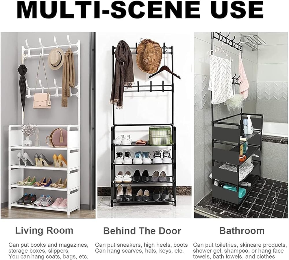 3-In-1 Design for Coat Rack with Shoe Storage White Freestanding Coat Rack with 8 Hooks for Hallway Entryway 60CM/23.6 In