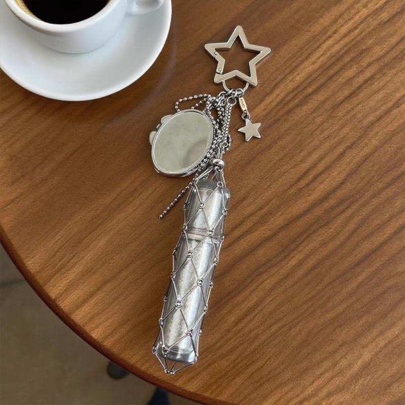 Metal Keychain Pouch Charm Stainless Steel Mesh Heart Star Detailing Compact Storage For Daily Use Bag Accessory Gift