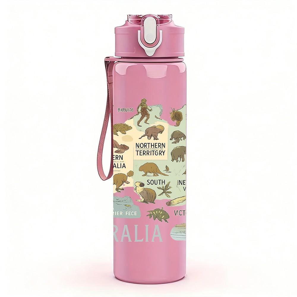 1PC Australia Vintage Map Texture 750ml Color Plastic Sports Water Bottle Leakproof Flip Straw Lid For Sports Office Home Use