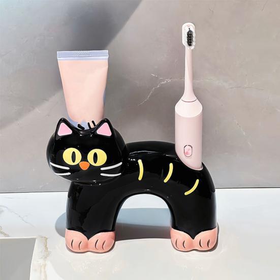 Toothbrush Holder, Cat Shape with Drain Port, Mold-Resistant Double-Hole Ceramic Organizer for Bathroom Accessory