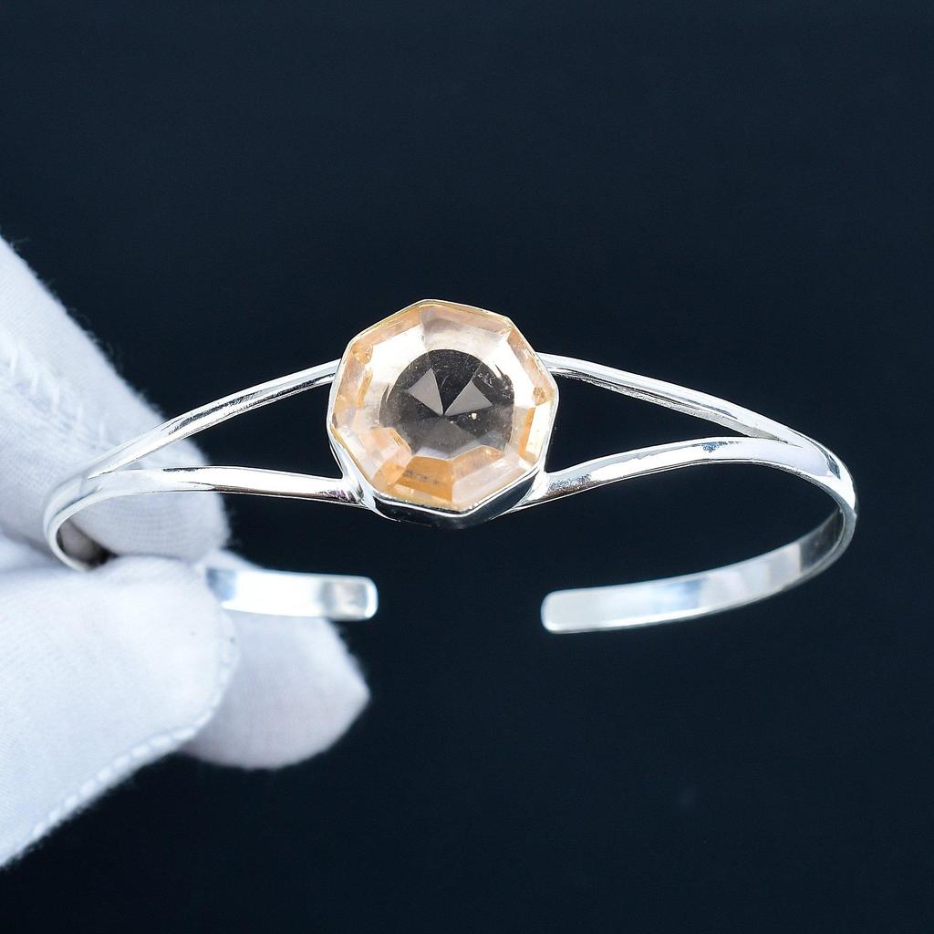 Morganite Hexagon Gemstone Handmade Cuff Bangle 925 Sterling Silver Cuff Bangle, Morganite Bracelet For Wife, Unisex Bangle For Gift