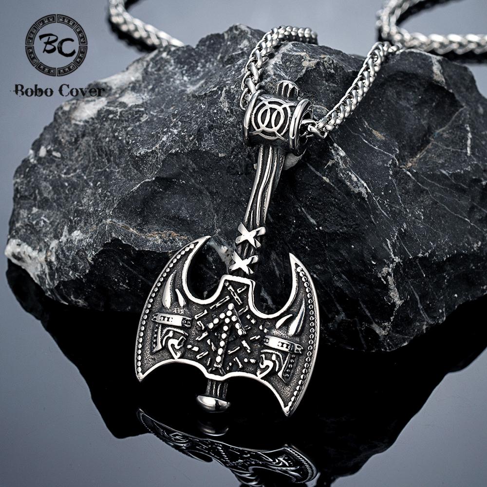 Norse Viking Warrior Stainless Steel Axe Pendant Necklace for Men with Leather Cord