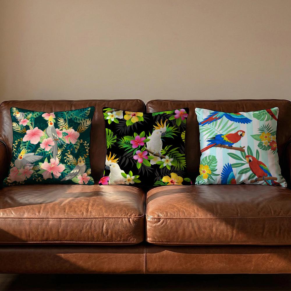 Tropical Parrots Palm Leaves Cushion Cover Soft Reversible Durable Pillow Cover MultiScene Use for Home Car Daily Comfort