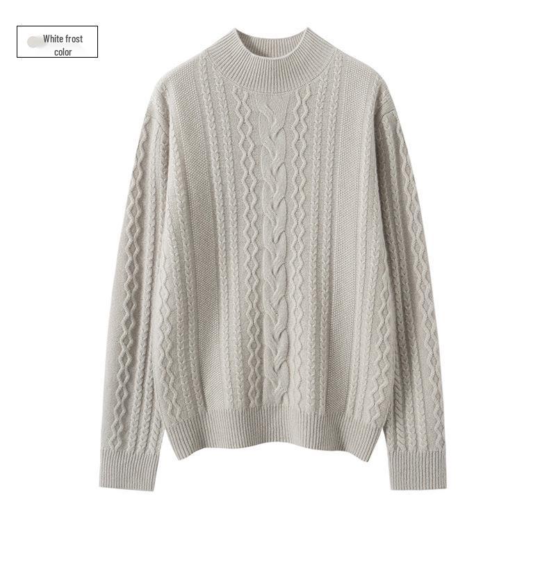 Women's Solid Color Twisted Flower Cable Knit Cashmere Sweater, Thickened Half-High Collar Slim Fit Base Layer Top