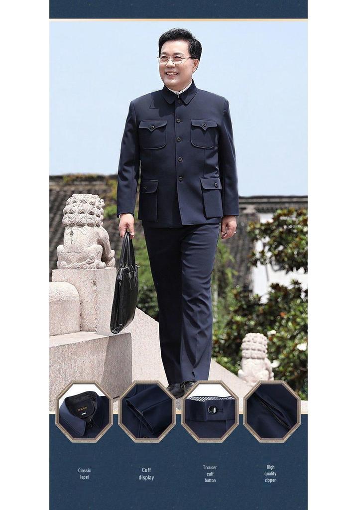 Conjunto de Traje Zhongshan para Hombres de Mediana Edad y Mayores - Chaqueta de Primavera/Otoño/Invierno