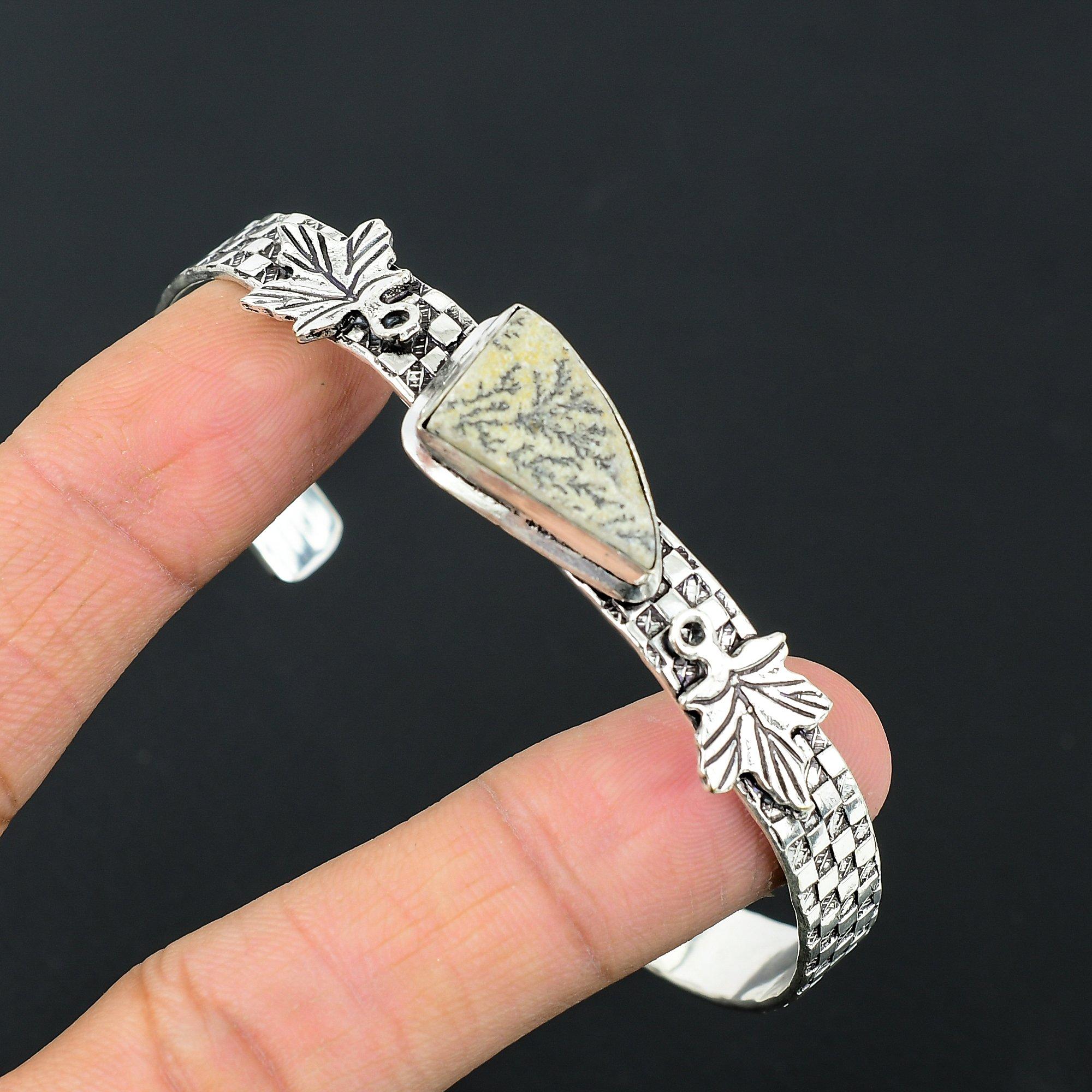 

Daughters Day Sale Sterling Silver Trillion Psilomelane Dendrite Gemstone Bangle Adjustable