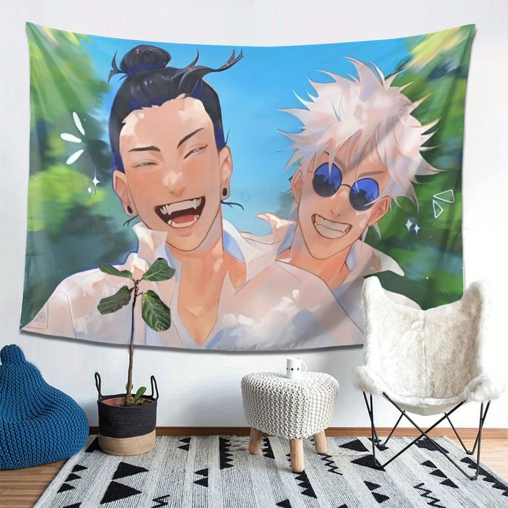 Happy Anime Duo Tapestry  Vibrant Wall Hanging for Bedroom and Living Room Decor Perfect Gift for Anime Fans