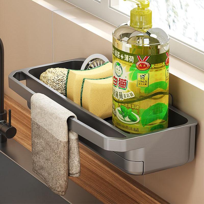 Kitchen Faucet Storage Rack Adjustable Hole-free Drain Rack With Drain Tray Sink Rack Wall-mounted Sponge Storage Shelf