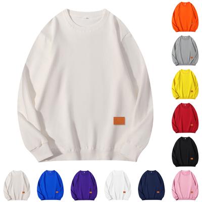 Unisex Jednokolorowa Bluza Pulower z Okrągłym Dekoltem i Prążkowanymi Długimi Rękawami z Naszywką ze Skóry Bydlęcej