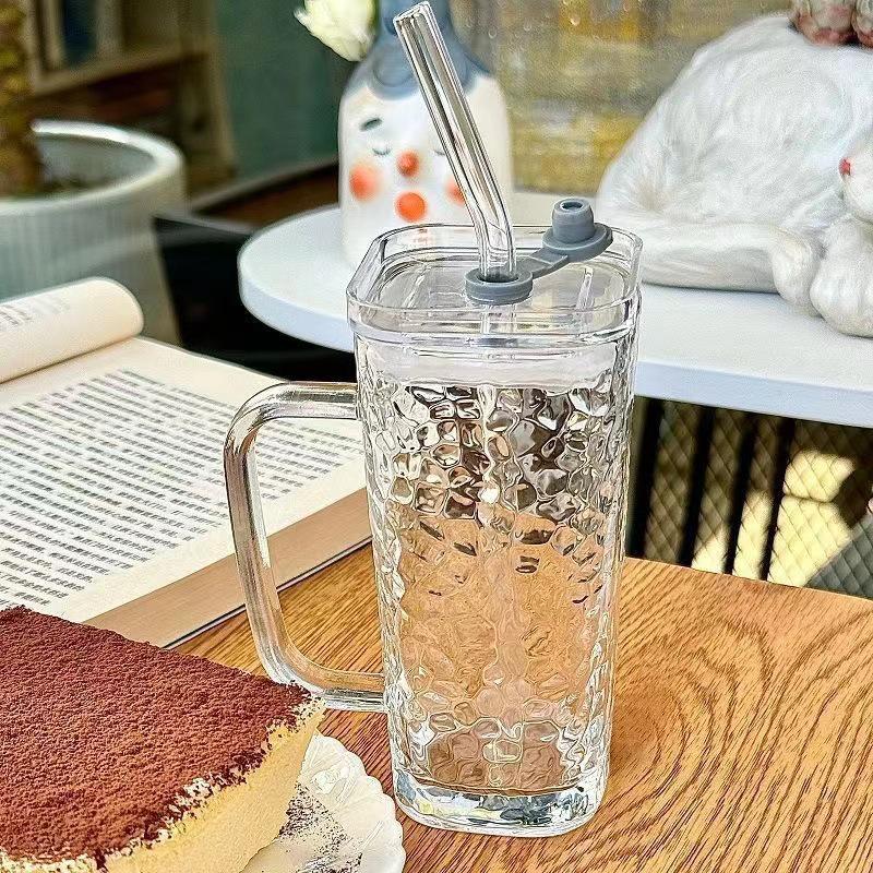 INS-Style Transparent Glass Tumbler with Handle - Stylish Summer Juice Cup with Vertical Stripes