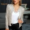 Frühling Herbst Dame Mantel Pailletten Schneiden Lange Ärmeln Offenen Stich Strickjacke Club Party Leistung Kurze Art Jacke