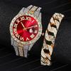 Stainless Steel Quartz Watch with Roman Numerals and Rhinestones