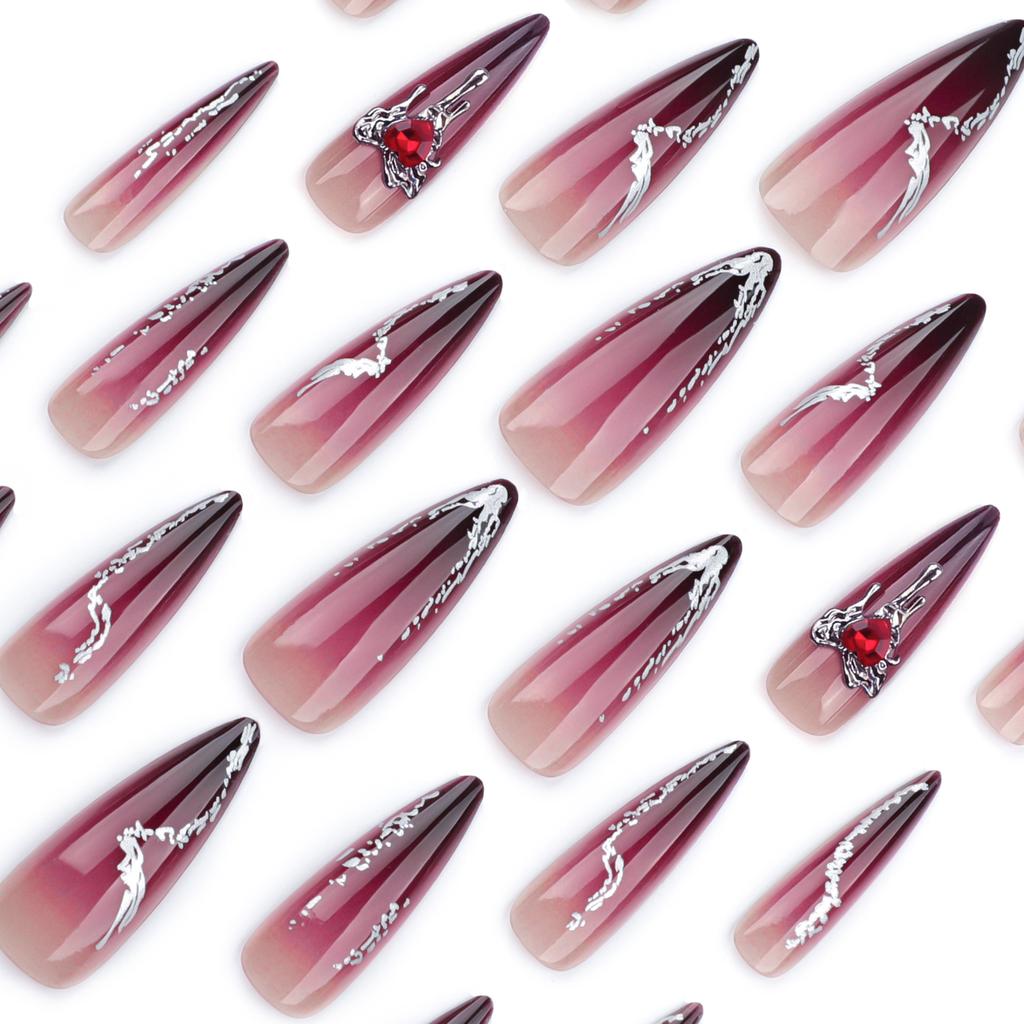 24 Pieces Europe and The United States Wear Long Nail Pointed Fake Nails Spice Girl Flash Diamond Dark Gradual Change Nail Patch