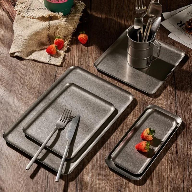 Vintage 304 Stainless Steel Snowflake Silver Square Tray Round Edge Dinner Plate Dessert Grill Tray Steak Plate Decorative Tray