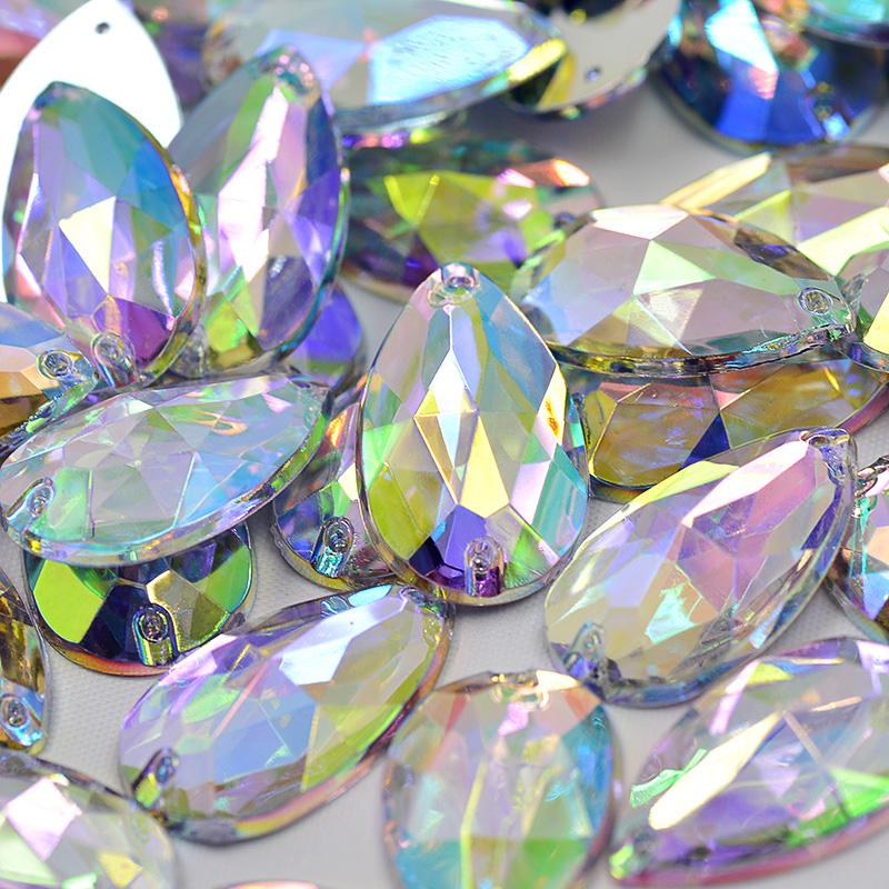 100Pcs 17*28mm Large Sewing Crystal AB Drop Rhinestone Applique Flatback Acrylic Stones Sew On Crystal Strass For Clothes