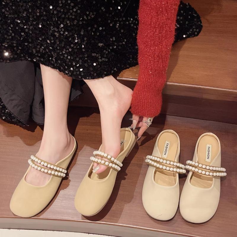 Cover Toe Shoes Woman  String Bead Low Slippers Casual Pantofle Loafers Female Mule Luxury New Mules Flat Slides Hoof Heels