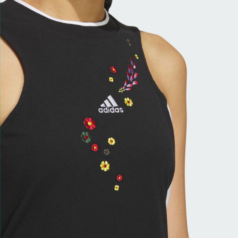 Adidas X Shuting Qiu Květinová výšivka Color Block Slim Fit Midi Rovné šaty Bez rukávů Dámské šaty Černá Bílá IM8442