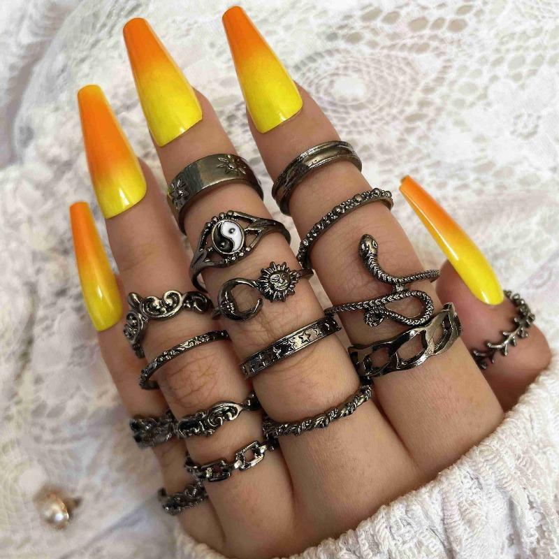 Vintage Gossip Sun Moon Snake Leaf Flower Joint Ring 16-piece Set
