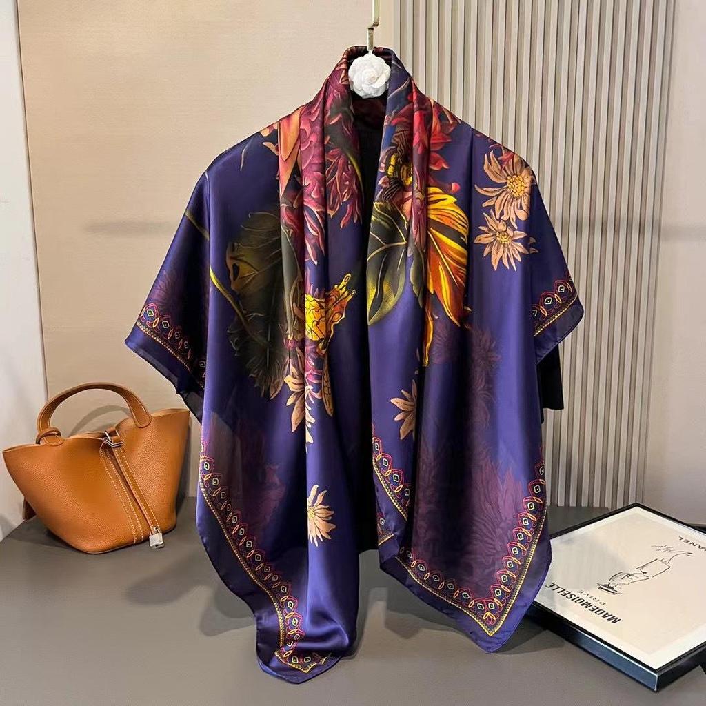 110cm Versatile Women’s Imitation Silk Scarf - Large, Printed, Decorative, Sunscreen Shawl