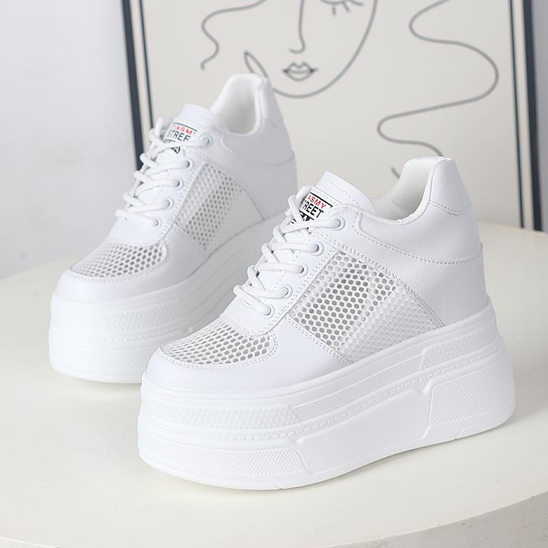 Fashion 12CM Genuine Leather Platform Sneakers Wedge Shoes for Women Breathable Sneakers Casual Shoes Hidden Heel Zapatillas Mujer