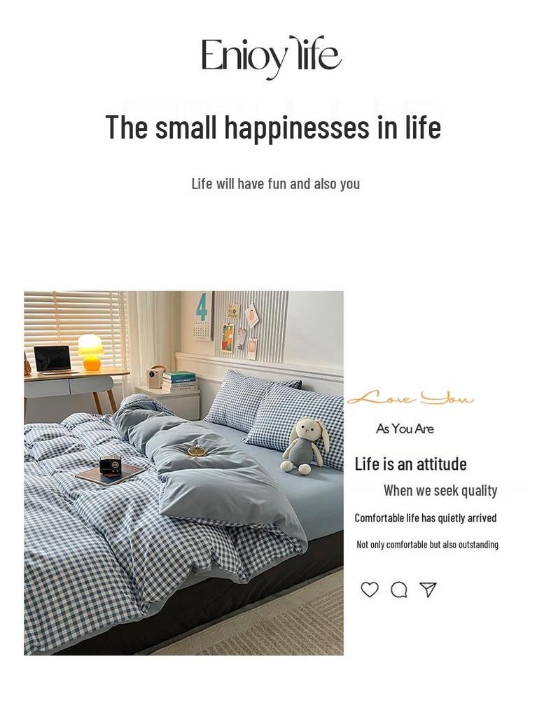 Muji Style Plaid Peach Fuzz Cotton Bedding Set: Skin-friendly Bed Sheet, Fitted Sheet, Duvet Cover - 3 or 4 Piece Options for Dorm.