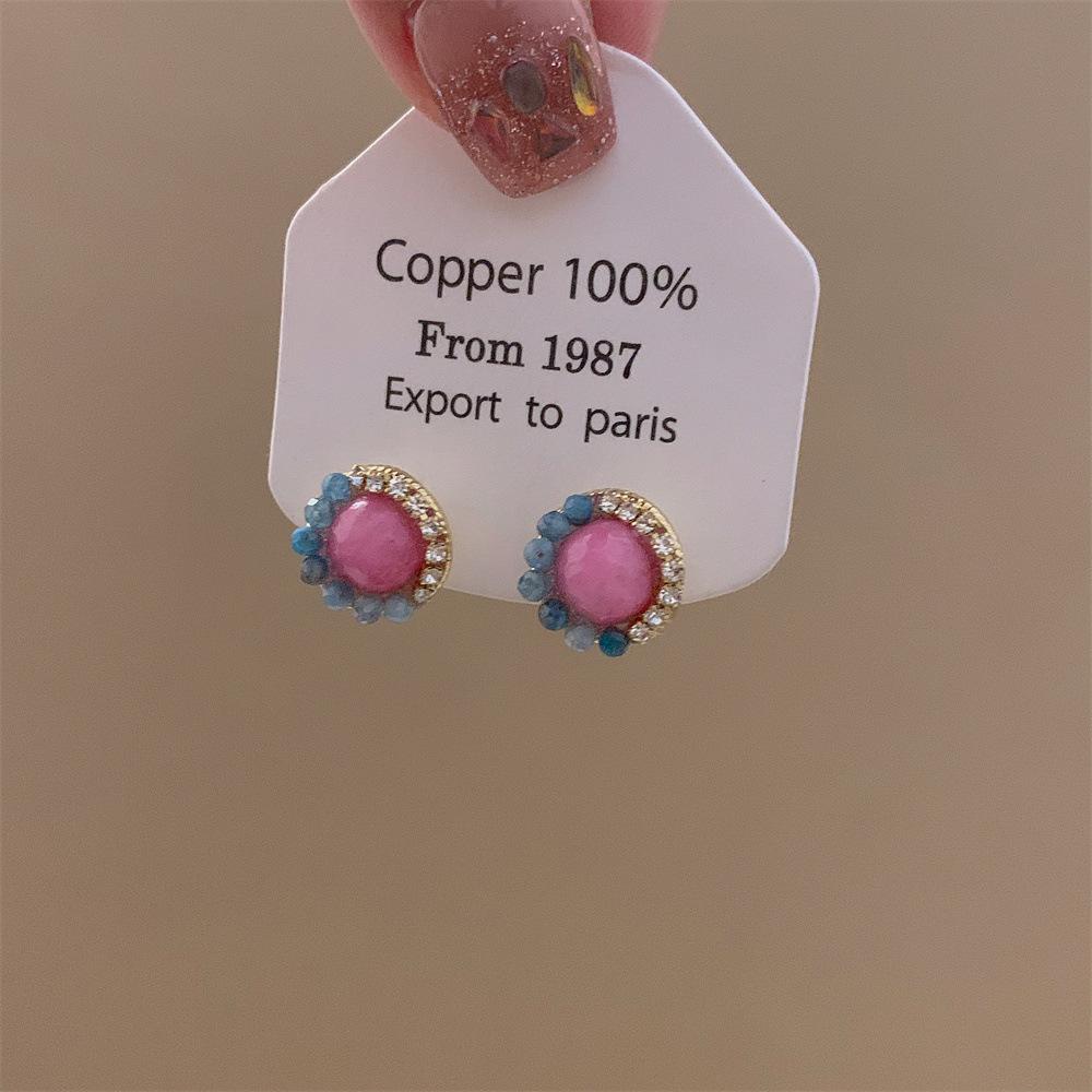 Chinese Style Contrast Color Natural Stone Earrings Handmade Beaded Geometric Crystal Retro Jewelry