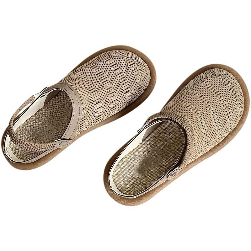 Sommersandaler i lin, én sko for kvinner, to myksålede veskehoder og halvtoffler, sko med pustende mesh og ett pedalhull