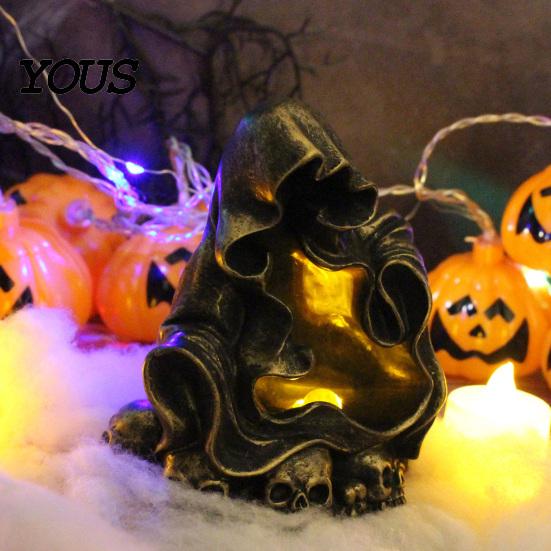 Creative Gift for Halloween Lovers Wizard Ghost LED Night Light with Embossed Skull Base, Resin Glowing Figurine, Environmentally Friendly Craft